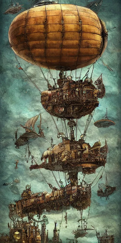 Image similar to a detailed digital painting of a steampunk living airship by alexander jansson and where's waldo and leonardo da vinci