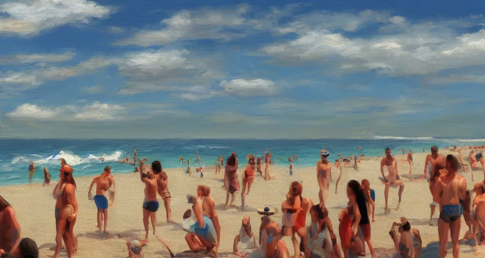 Prompt: beach with many people swiming, digital oil painting, 8k, trading on artstation