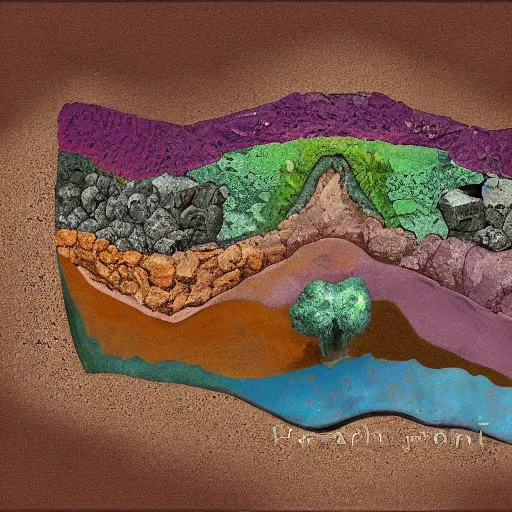 Image similar to a side profile of earth soil and rock layers, with hidden bones, gems and treasures, digital painting