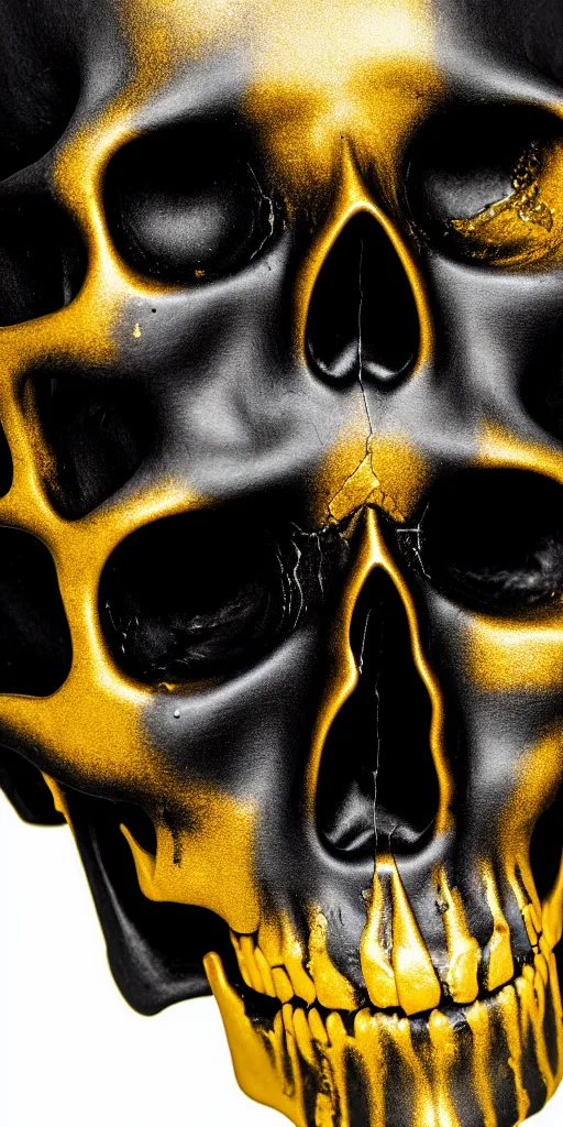 Image similar to a matte black skull that is split in half and has liquid gold paint dripping over it, with an art deco boarder, high quality, photo realistic, studio lighting