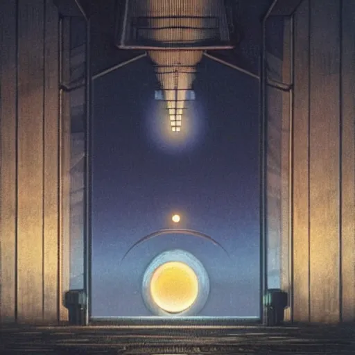 Image similar to Spaceport docking bay at night, inner light. Concept art, hyperrealism, extreme detail, art in the style of A New Hope. Art by. Beksinski and Michael Whelan