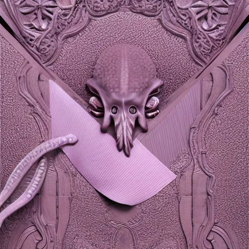 Image similar to close - up lilac envelope closed with wax seal with octopus crest, intricate hyper detailed ultra sharp, sharp focus, global illumination, painting, museum, masterpiece, vermeer, radiant light, alexandre ferra, irakli nadar, octane render, unreal engine, 4 k, ultra hd,