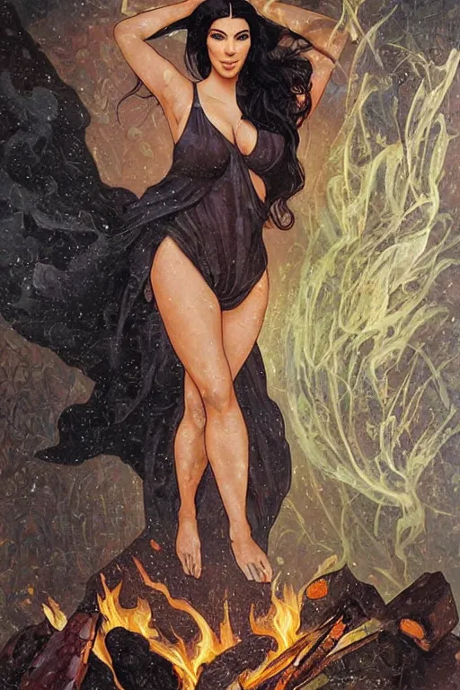 Prompt: a dramatic, epic, ethereal painting of a !!!gorgeous!!! kim kardashian sweating and oily offering a whiskey bottle | relaxing by a campfire | background is a late night with food and jugs of whisky | cute | stars, tarot card, art deco, art nouveau, mosaic, intricate | by Mark Maggiori (((and Alphonse Mucha))) | trending on artstation