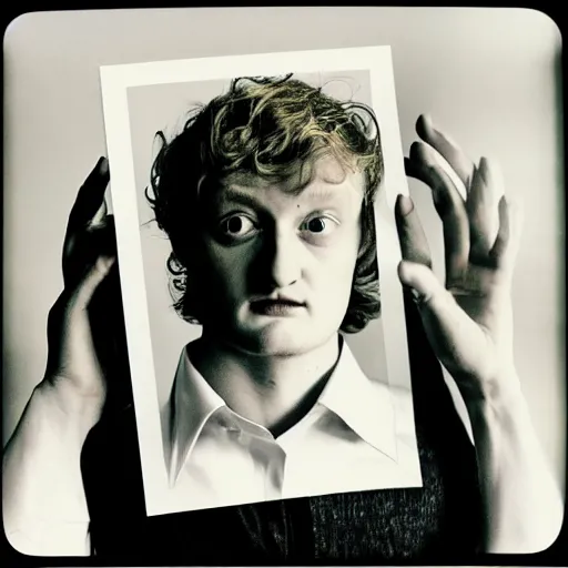 Image similar to james acaster, portrait, fashion photography, polaroid, by david bailey, mariko mori, davide sorrenti