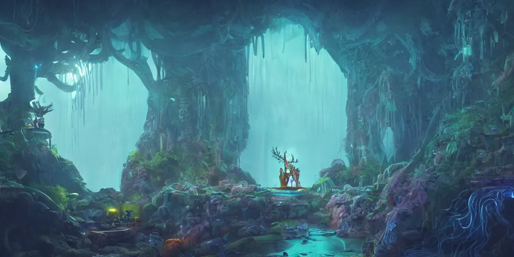 Image similar to 3 d scene of temple portal modelling goddess close - woodsman wearing a steampunk and neonpunk mechanical fluorescent mystical animal mask in strange misty mountain landscape. betta fish, jellyfish phoenix, bio luminescent, plasma, ice, water, wind, creature, artwork by tooth wu and wlop and beeple and greg rutkowski