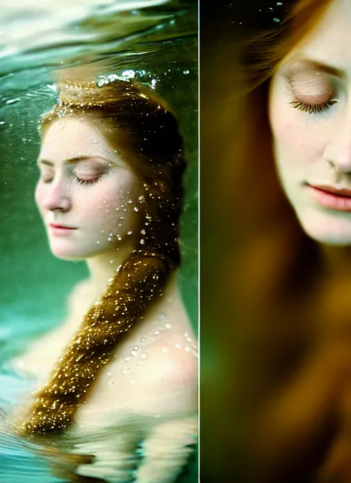 Prompt: Kodak Portra 400, 8K, soft light, volumetric lighting, highly detailed, sharp focus,britt marling style 3/4, Close-up portrait photography of a beautiful woman how pre-Raphaelites a woman with her eyes closed is surrounded by water + almost the entire face is immersed in water. a beautiful lace dress and hair are intricate with highly detailed realistic beautiful flowers , Realistic, Refined, Highly Detailed, natural outdoor soft pastel lighting colors scheme, outdoor fine art photography, Hyper realistic, photo realistic