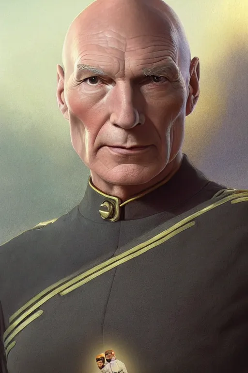Image similar to portrait photograph of captain picard full body, sleek outfit, upper body, fantasy, handsome, depth of field, soft focus, highly detailed, intricate, realistic, national geographic cover, soft glow, textured, artstation, concept art, sharp focus, illustration, art by artgerm and greg rutkowski and alphonse mucha