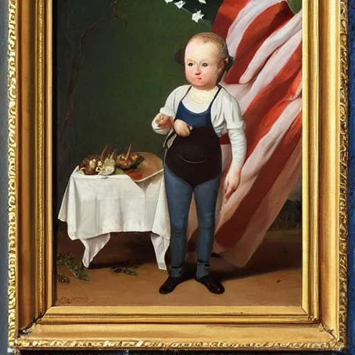 Prompt: oil painting in gilded frame, by george stubbs, tiny baby rabbit in an apron with a beer and a bbq grill, american flag background