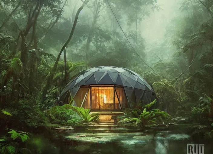 Image similar to a beautiful painting of a geodesic house in a moist tropical rainforest, by greg rutkowski, realism, artstation, nature