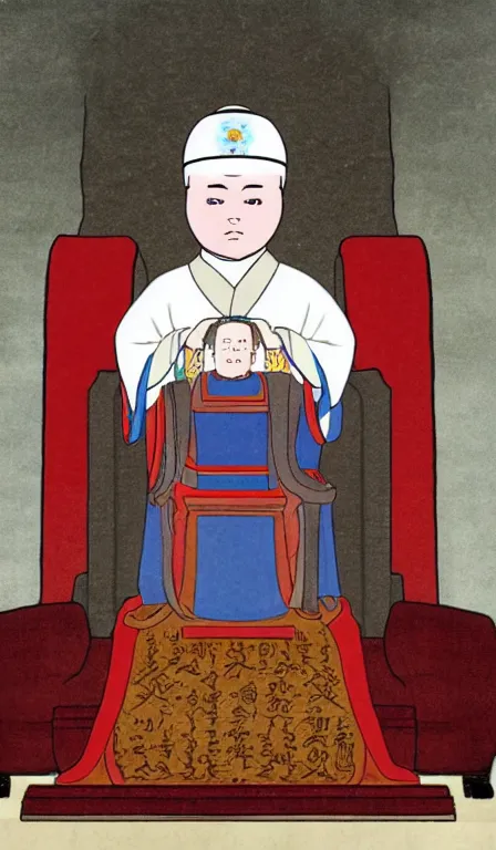 Prompt: Bobby Hill sits on his throne as emperor of Hill Dynasty China, imperial portrait