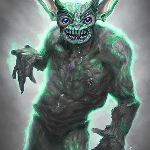 Image similar to a highly detailed goblin with grey skin and blue eyes that glow, like magic the gathering, goblin chainwalker, with wind wiping around it, digital art, by christopher rush