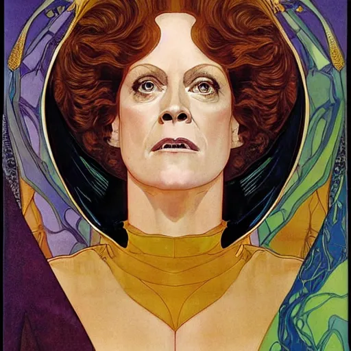 Image similar to portrait by joshua middleton of the actress, sigourney weaver as ming the merciless, archenemy of flash gordon, saviour of the universe, klimt, mucha, 1 9 7 0 s poster,