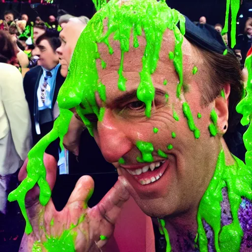 Prompt: Saul Goodman!, covered in green slime!!, ((at the Kid Choice Awards)) , professional photography