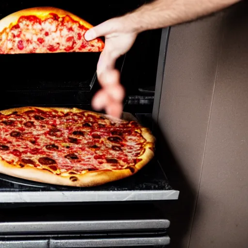 Image similar to a bald black is putting a pizza in the oven while the restaurant owner is yelling at him