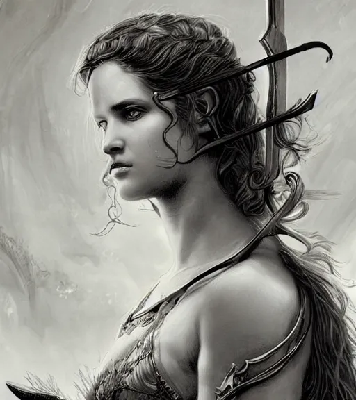 Image similar to beautiful young aphrodite goddess as an archer warrior, realistic face, beautiful eyes, black and white drawing, in the style of greg rutkowski, fantasy, amazing detail, epic, intricate, elegant, smooth, sharp focus