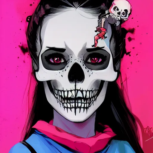 Prompt: a portrait of a girl skull face, disney, banksy, in the style of artgerm, charlie bowater, atey ghailan and mike mignola, vibrant colors and hard shadows and strong rim light, plain background, comic cover art, trending on artstation