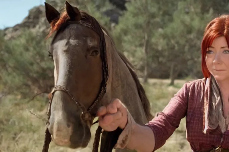 Prompt: screenshot from western movie, starring young alyson hannigan