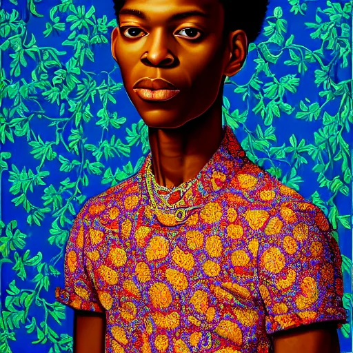 Prompt: A portrait of a skinny stylish and attractive non-binary person, oil painting by Kehinde Wiley, majestic, detailed, high resolution