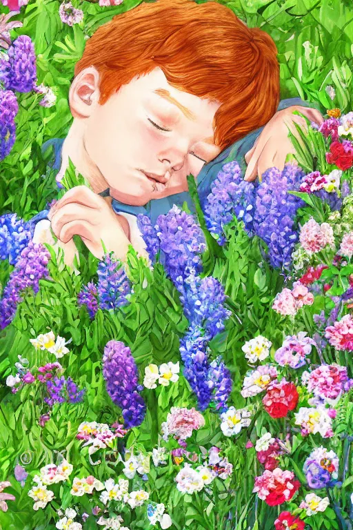 Prompt: a little boy with ginger hair curled up asleep in a lovely garden of flowers. clean elegant pretty cartoon painting, beautiful detailed face, storybook illustration.