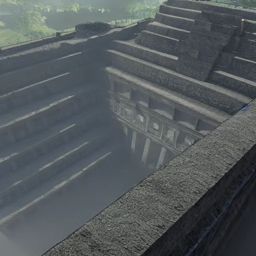 Prompt: unreal engine render of a misty mayan temple. volumetric lighting. foggy.