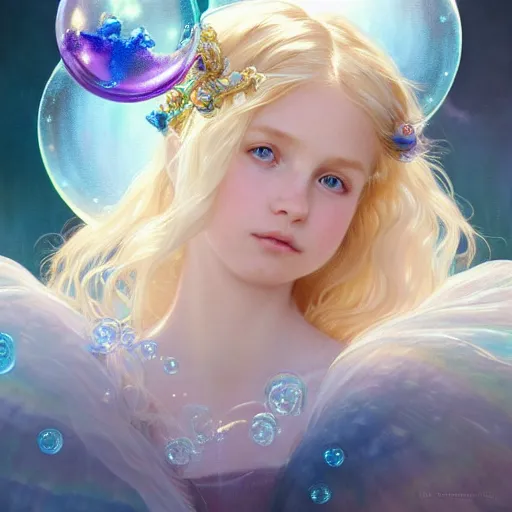 Prompt: portrait of magical little blond girl, dreamy and ethereal, blue eyes, peaceful expression, ornate frilly dress, fantasy, intricate, elegant, rainbow bubbles, highly detailed, digital painting, artstation, concept art, smooth, sharp focus, illustration, art by artgerm and greg rutkowski and alphonse mucha