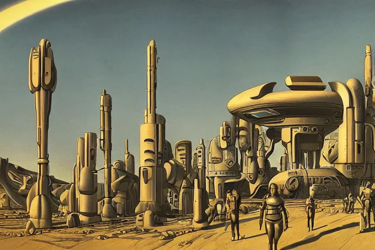 Prompt: cyborgs wander cybernetic architecture alien scifi landscape concept art by giorgio de chirico