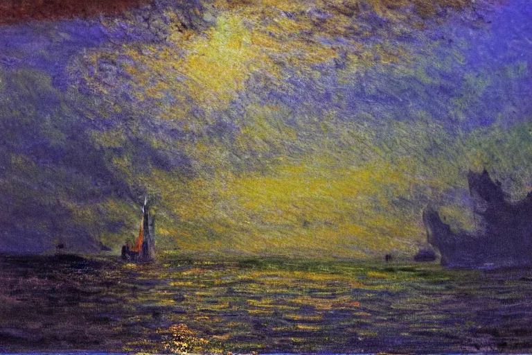 Image similar to underwater scene with volumetric lighting, oil painting in the style of Claude Monet