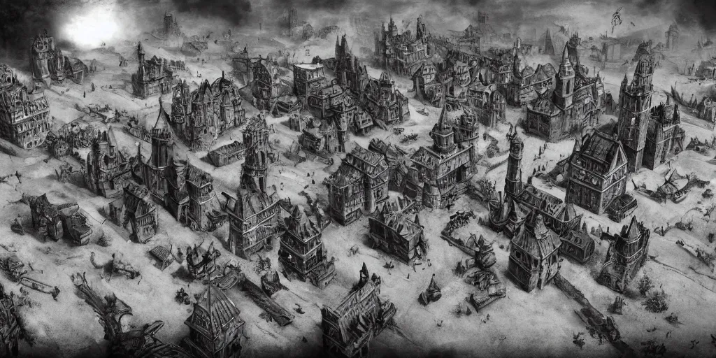 Image similar to RTS gameplay third person in style of Durer, painting, engraving, grayscale, Stronghold strategy gameplay, dark tones, fantasy, medieval, buildings, units, RPG, high contrast, octane render