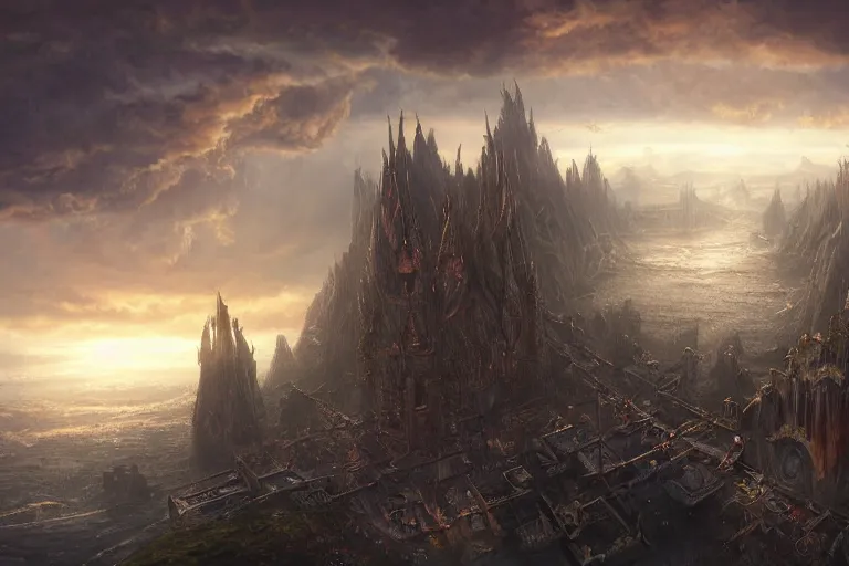 Prompt: high aerial shot, fantasy landscape, sunset lighting ominous shadows, cinematic fantasy painting, dungeons and dragons, a port city, harbor, bay, with an elvish cathedral inspired by the syndey opera house by jessica rossier and brian froud and hr giger
