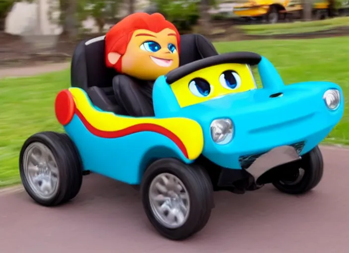 Image similar to the ultimate warrior driving a little tikes cozy coupe, movie still, from the new fast and furious movie, 8 k, realistic