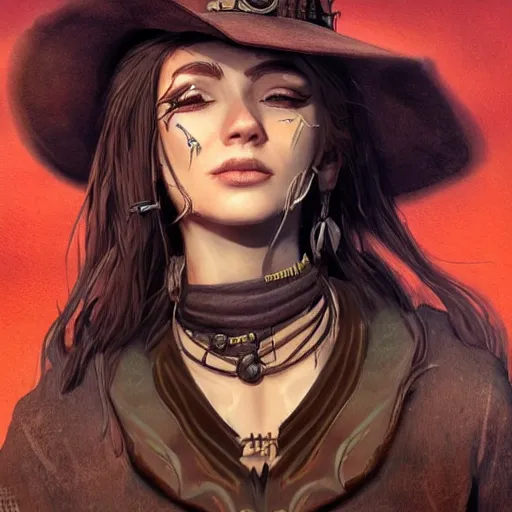 Image similar to beautiful cowboy witch, wild west, detailed, concept art, trending on artstation