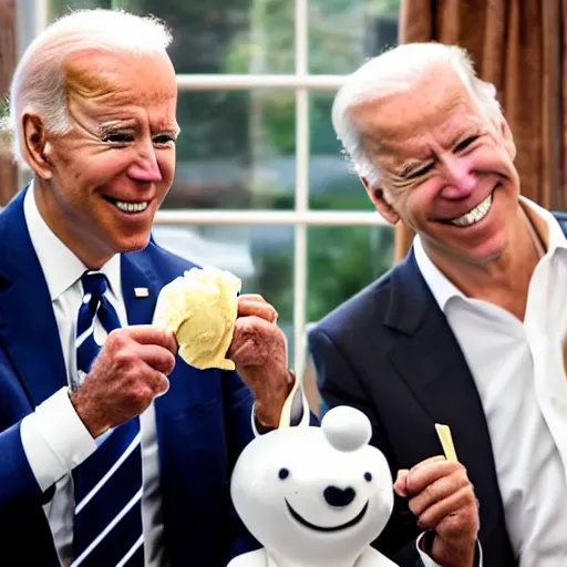 Prompt: Joe Biden eating ice cream with Moomins