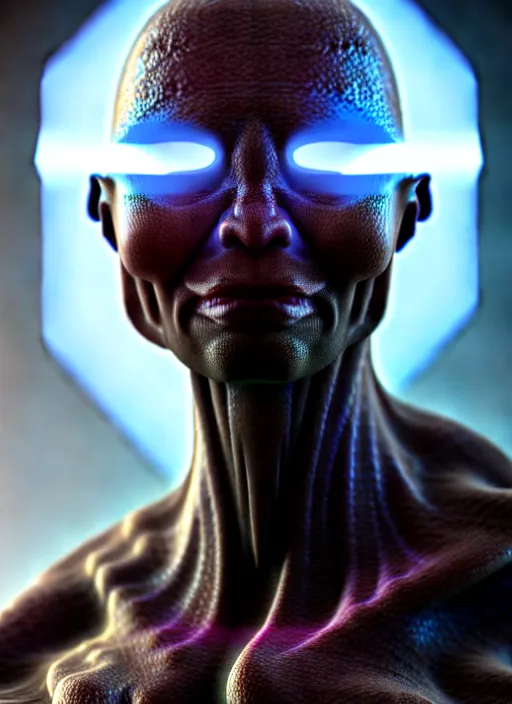 Prompt: portrait of a space alien, varying detailed skin, octane render, eyes glowing with alternating rings of high contrast colors intermittent with black strips where their frequency changes approaching the cornea, realistic render, detailed, ugly, slimy unreal engine, symmetrical!!, greg rutkowski and ruan jia, cinematic