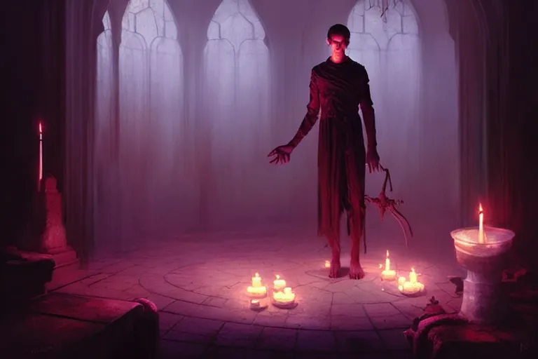 Image similar to Character concept art of Pretty guy male necromancer bringing dead to alive, casting dark magic spell. Castle room, lots of candles, barely lit warm violet red light, many transparent souls comes through the floor By greg rutkowski, tom bagshaw, beksinski