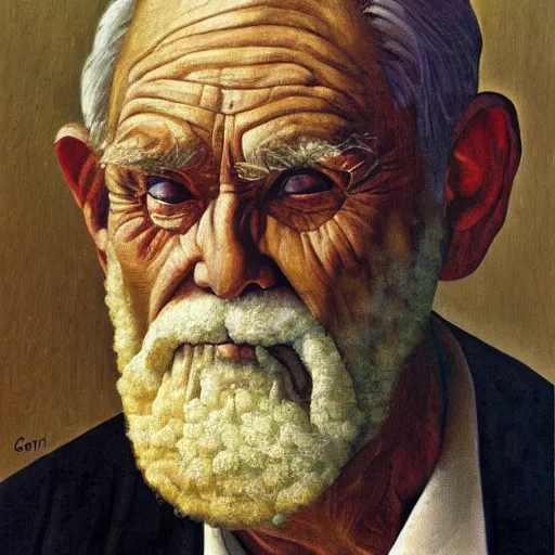 Prompt: detailing character concept portrait of old man by Grant Wood, on simple background, oil painting, middle close up composition