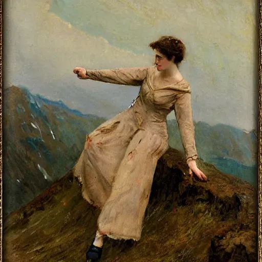 Image similar to woman in torn clothes climbing a mountain by alfred stevens