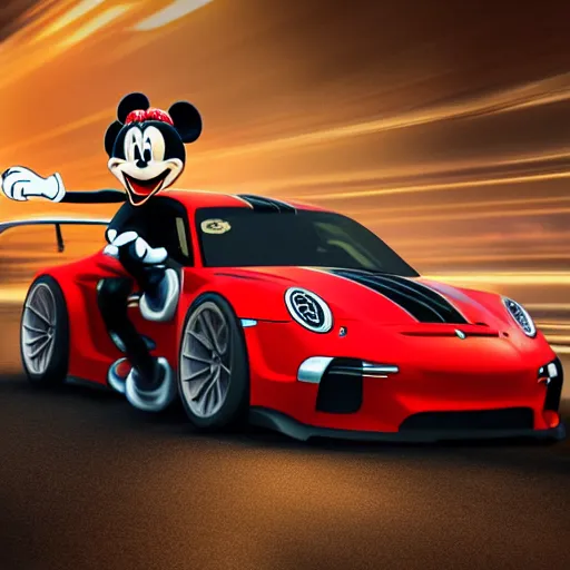 Prompt: A red bearded guy wearing Mickey ears driving a GT3S, digital art, trending on Artstation, highly detailed