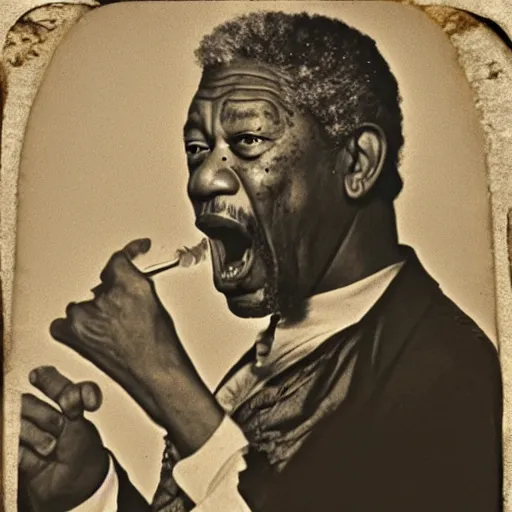 Prompt: a daguerreotype of morgan freeman screaming