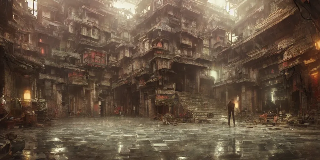 Prompt: inside of kowloon walled city, flat interior, concept art, light, shadows, reflections, epic composition, intricate, elegant, volumetric lighting, digital painting, highly detailed, artstation, sharp focus, illustration, octane render, concept art, ruan jia, steve mccurry