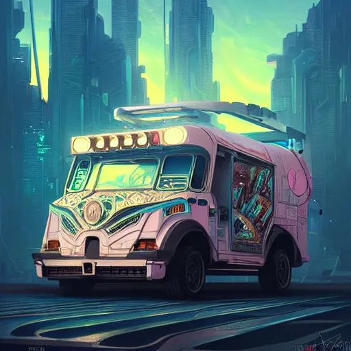 Image similar to a cyberpunk ice cream truck digital painting, intricate, elegant, highly detailed, artstation, concept art, matte, sharp focus, illustration, art by Artgerm and Greg Rutkowski and Alphonse Mucha