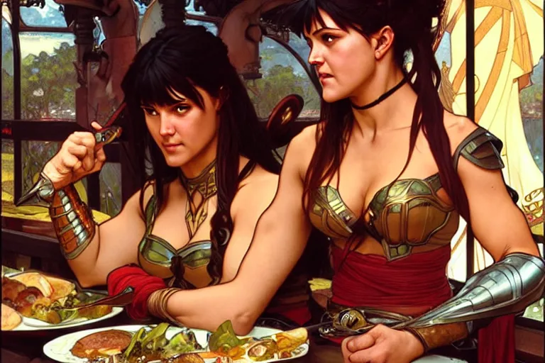 Image similar to xena warrior princess eating at a restaurant with a hispanic man art by artgerm and greg rutkowski and alphonse mucha