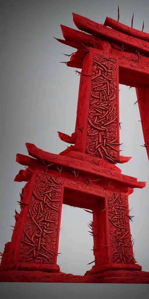 Image similar to 3 d render of a carved red torii gate infected by mushroom, sculpture, chrometype, neotribal with thorns and thunders, raytraced, volumetric lightning, 8 k, by zhelong xu, ouchh and and innate studio