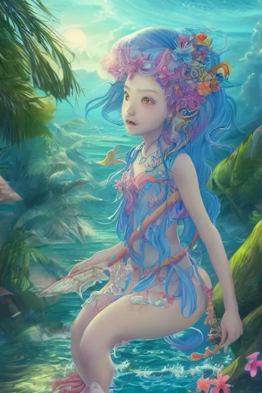 Prompt: beautiful tropical ocean princess daughter, epic fantasy, by akihito yoshida, artstation, colored pencil, ink, painting, filmic, ultra - wide angle