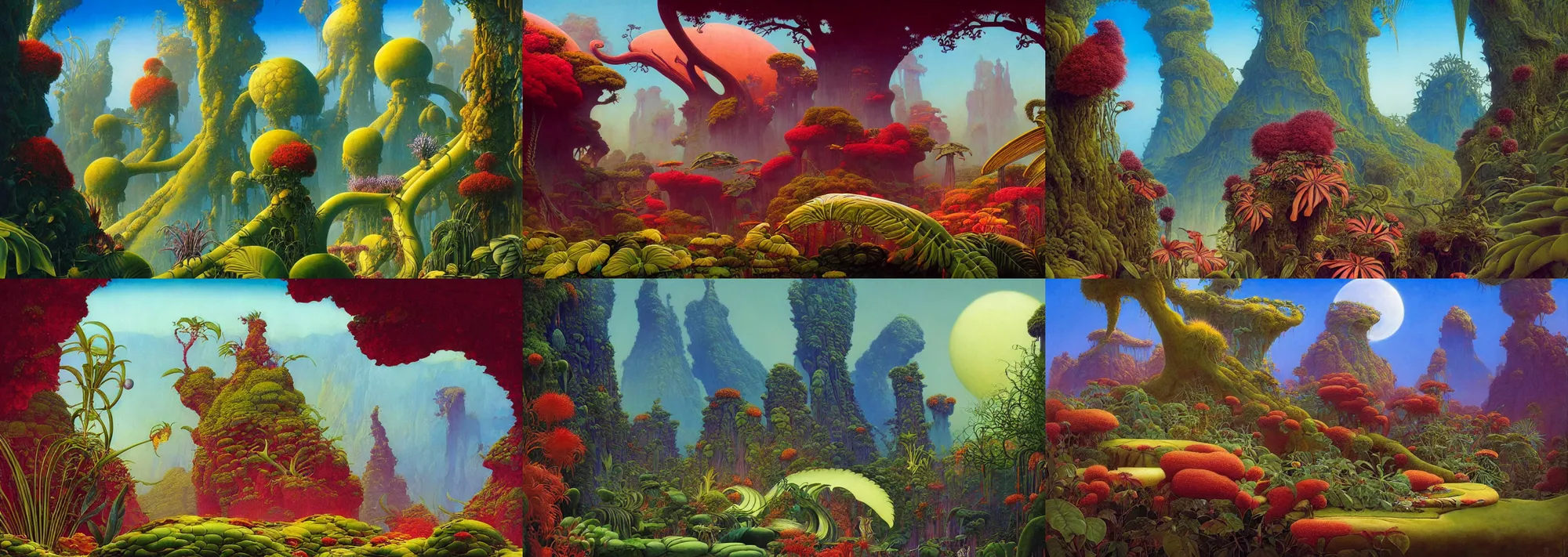 Prompt: beautiful rendering of exotic plants by daniel merriam and karol bak and martin johnson heade, xenoplanet by roger dean and moebius, mantra rendering, matte painting, high detailed, 4 k, trending on artstation