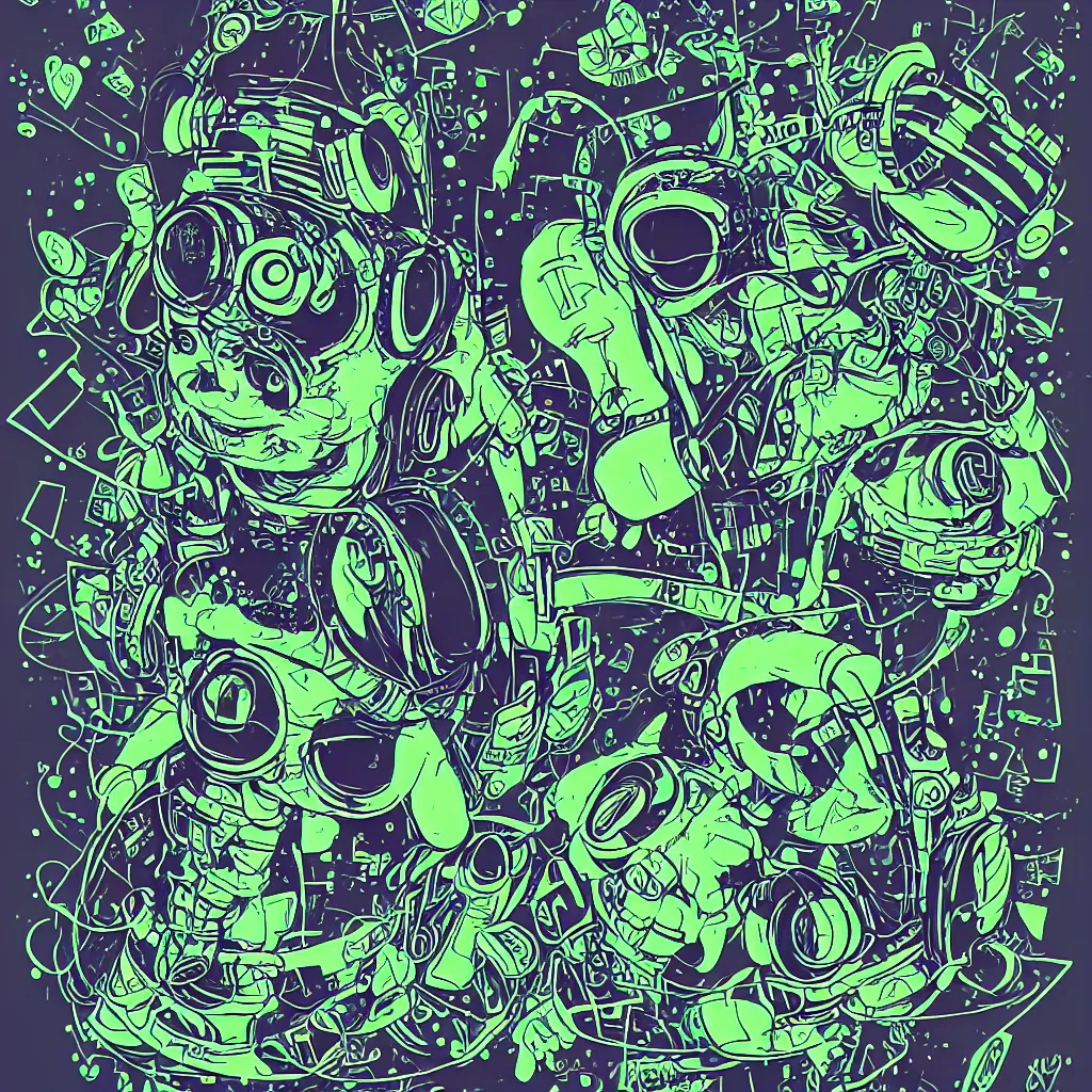 Image similar to a toad wearing headphones, ryuta ueda artwork, breakcore, style of jet set radio, y 2 k, gloom, space, cel - shaded art style, sacred geometry, data, minimal, code, cybernetic, dark, eerie, cyber