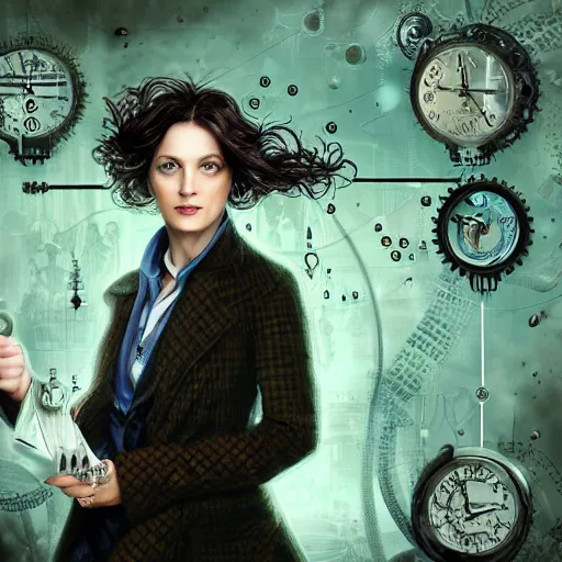 Image similar to portrait of a woman as sherlock Holmes with wavy hair as an epic idea, intricate detail, digital painting, ,metric, gears, watches, steampunk, face enhance, glowing eye, biomechanical, trash polka, raining, sepia, particles floating, whimsical background by marc simonetti, artwork by ross tran + ramond swanland + liam wong +mike winklemann + wlop