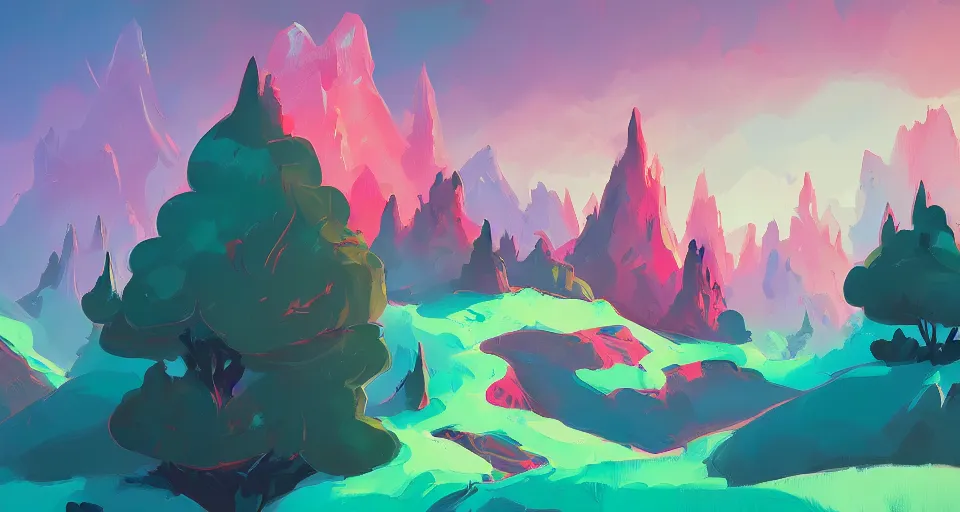 Prompt: a beautiful landscape with trees and mountains, by anton fadeev