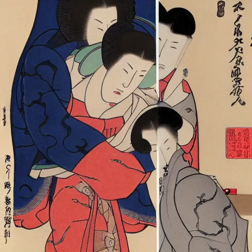 Image similar to a robotic man and woman hugging, shunga style, ukiyo - e art, artstation