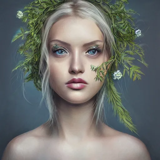 Image similar to a symmetrical portrait of a blonde woman with plants in hair, oil painting, pale colors, high detail, 8 k, wide angle, trending on artstation,