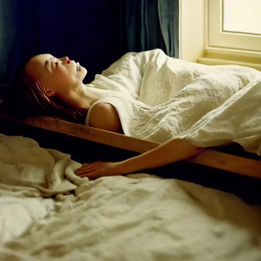 Image similar to portrait of girl in linen clothing falling from the room ceiling into a bed, natural sun lighting, 8 5 mm lens, artistic, photography by annie leibovitz